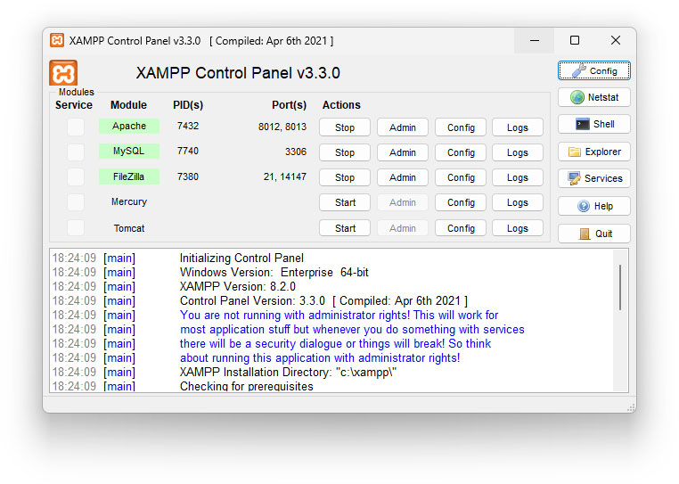 панель управления xampp