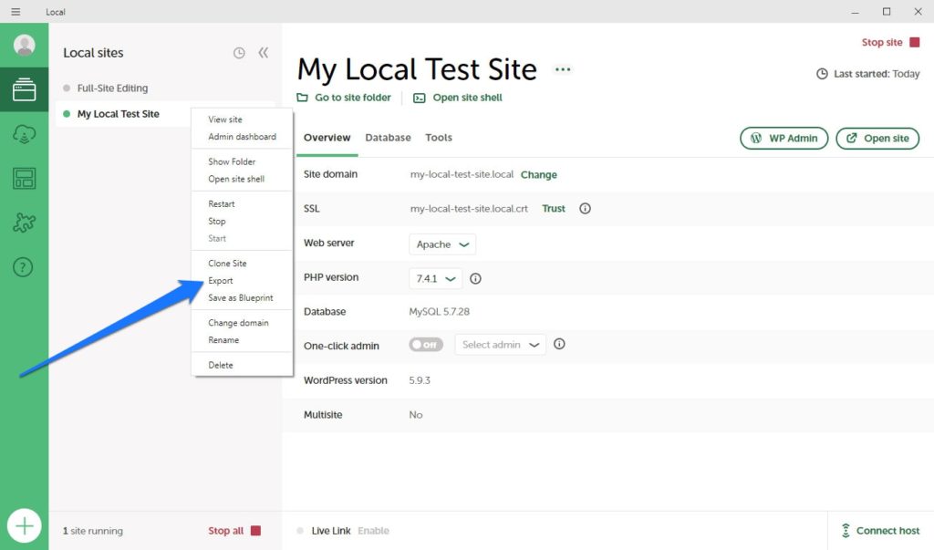 opciones de configuración del sitio local al hacer clic derecho