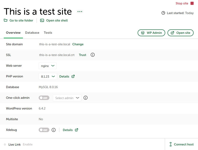 opzioni di configurazione del sito locale