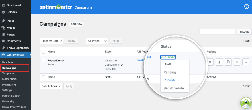 Definir campanha OptinMonster como publicada