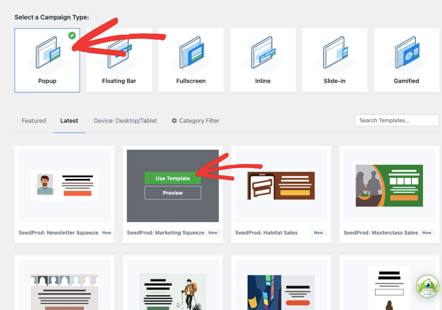 Selectați pop-up și șablon în OptinMonster
