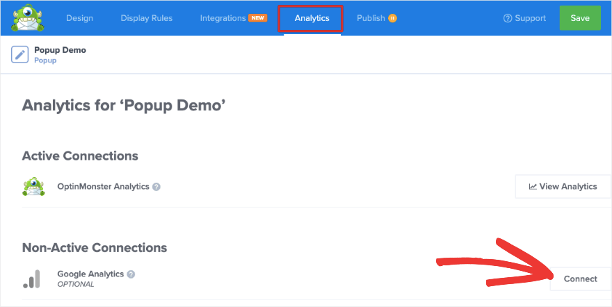 Connectez-vous aux analyses dans OptinMonster