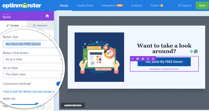 OptinMonster 팝업의 사용자 정의 버튼