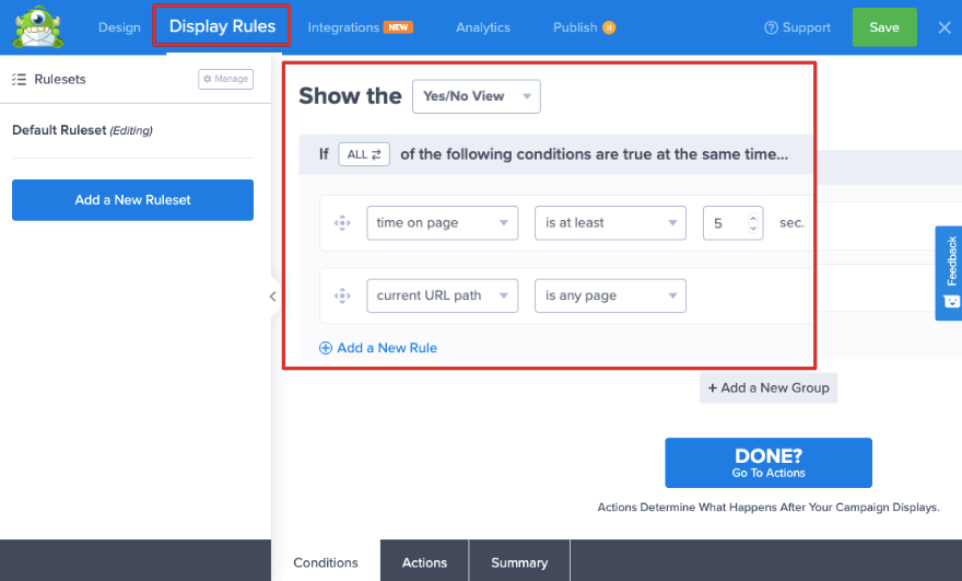 علامة التبويب قواعد العرض OptinMonster