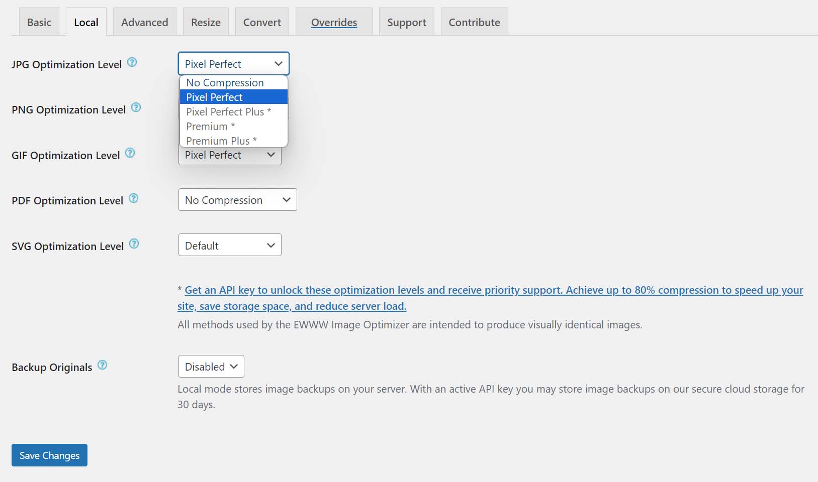 configurações de otimização local do plugin otimizador de imagem ewww