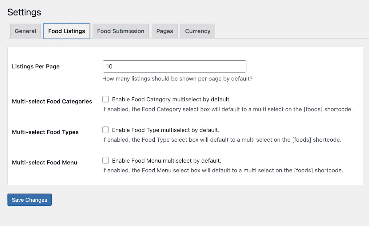 WP Food Manager 設定中的食品清單頁面。