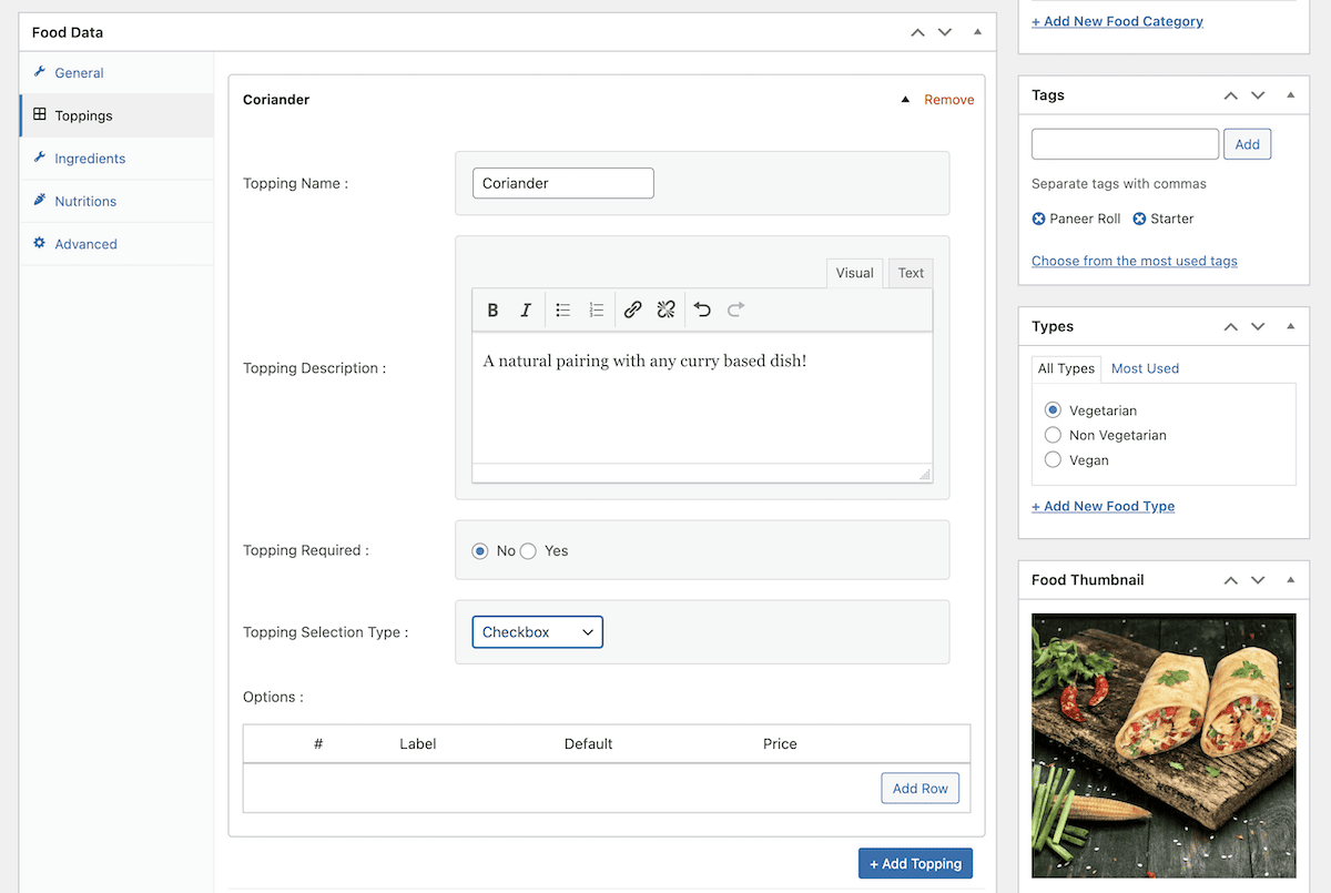 O metabox Food Data no back-end do WP Food Manager.