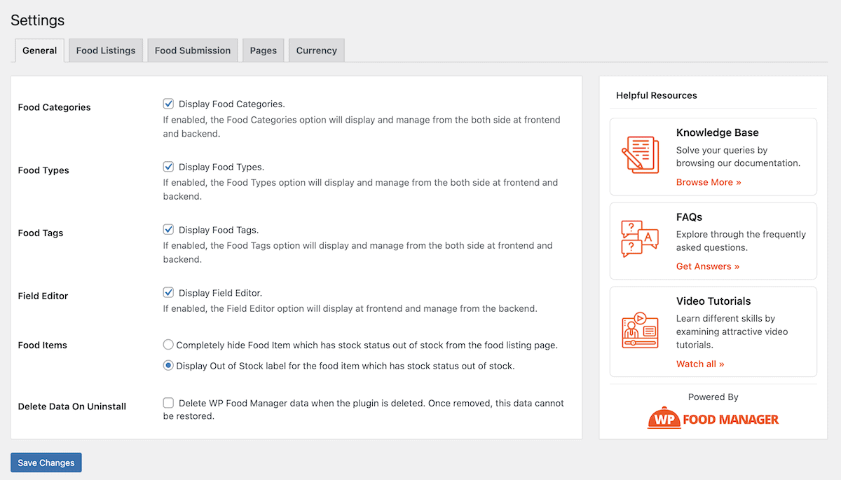 หน้าการตั้งค่า WP Food Manager