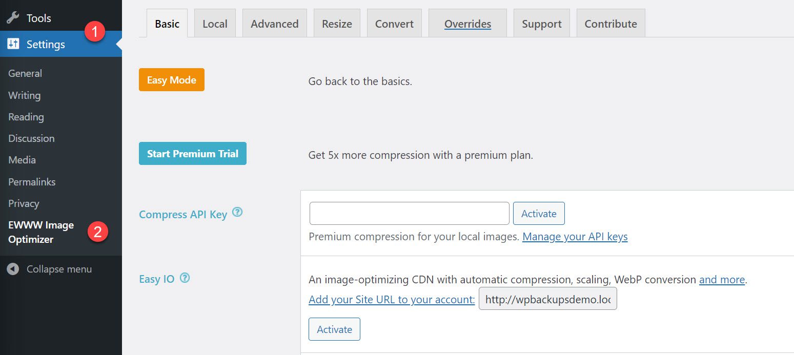 painel de configurações do otimizador de imagem ewww