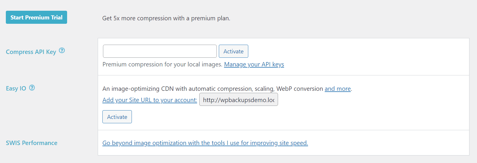 Paramètres d'activation premium de l'optimiseur d'image ewww