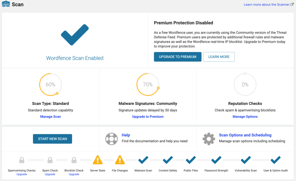 ภาพหน้าจอของรายงานการสแกนของ Wordfence