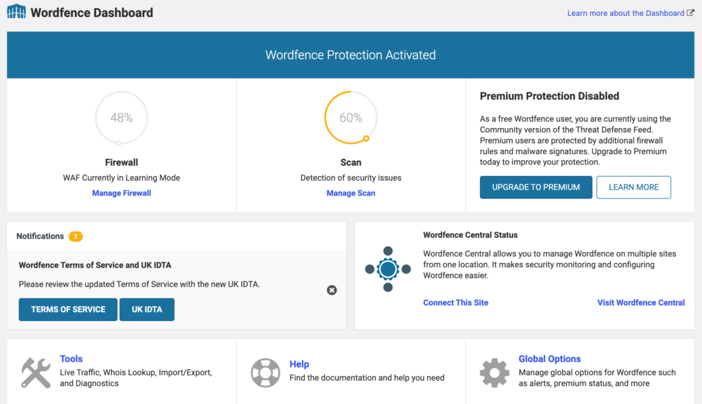 ภาพหน้าจอของแดชบอร์ด Wordfence บน WordPress ของคุณ