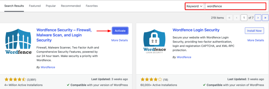 Une capture d'écran pour installer wordfence sur votre site wordpress