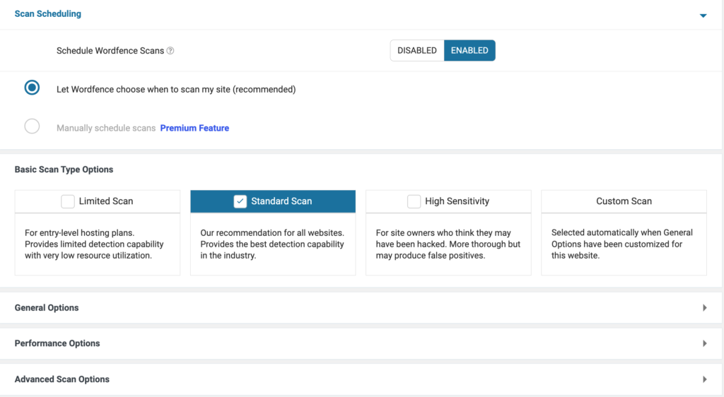 Une capture d'écran pour définir vos options d'analyse Wordfence