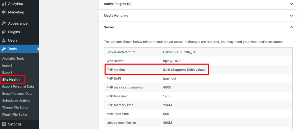 Esta imagen muestra la versión PHP de un sitio de WordPress.