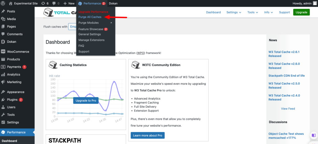 Esta imagen muestra cómo borrar el caché de WordPress