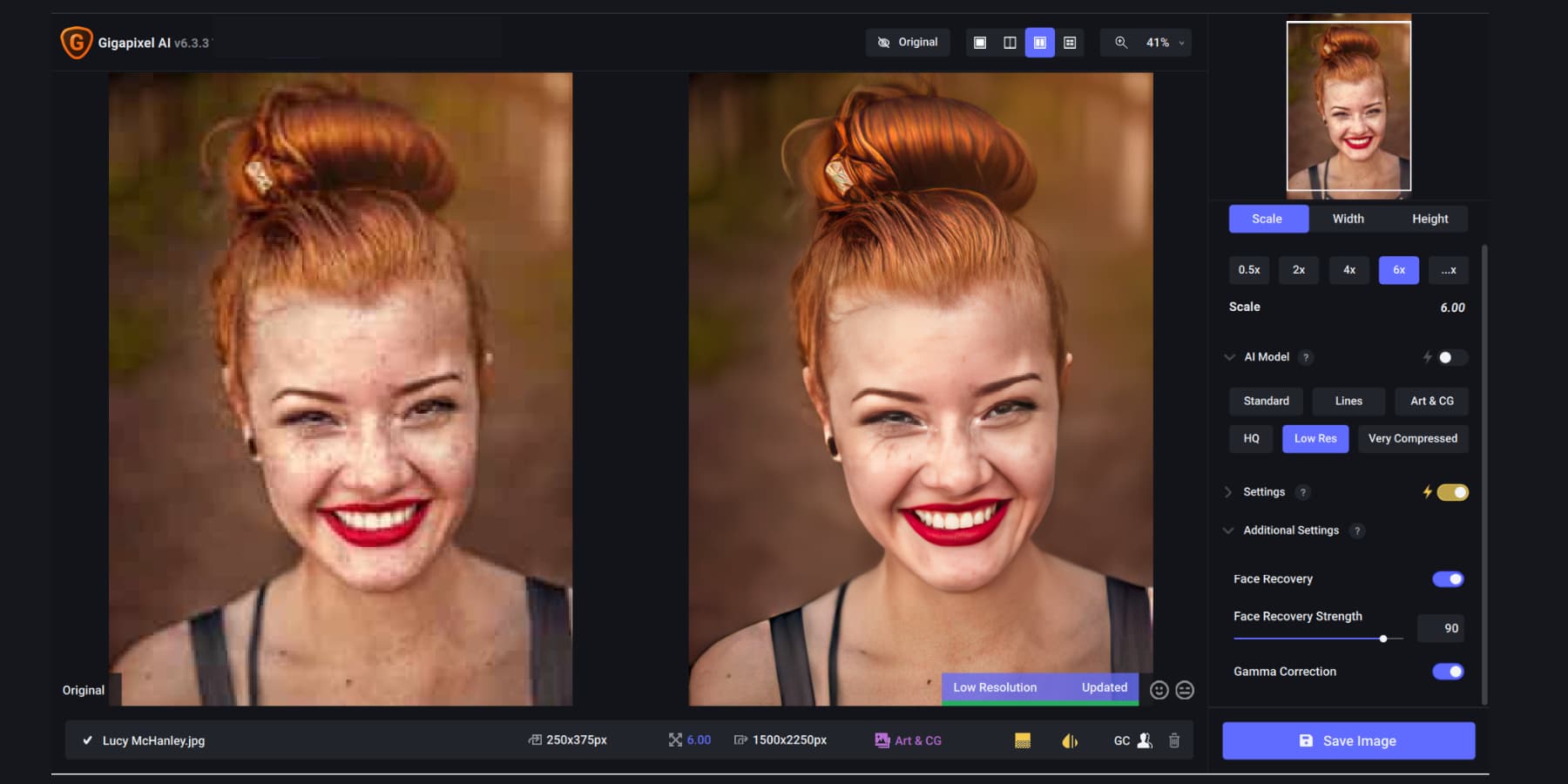 Gigapixel AI 臉部恢復嘗試的螢幕截圖