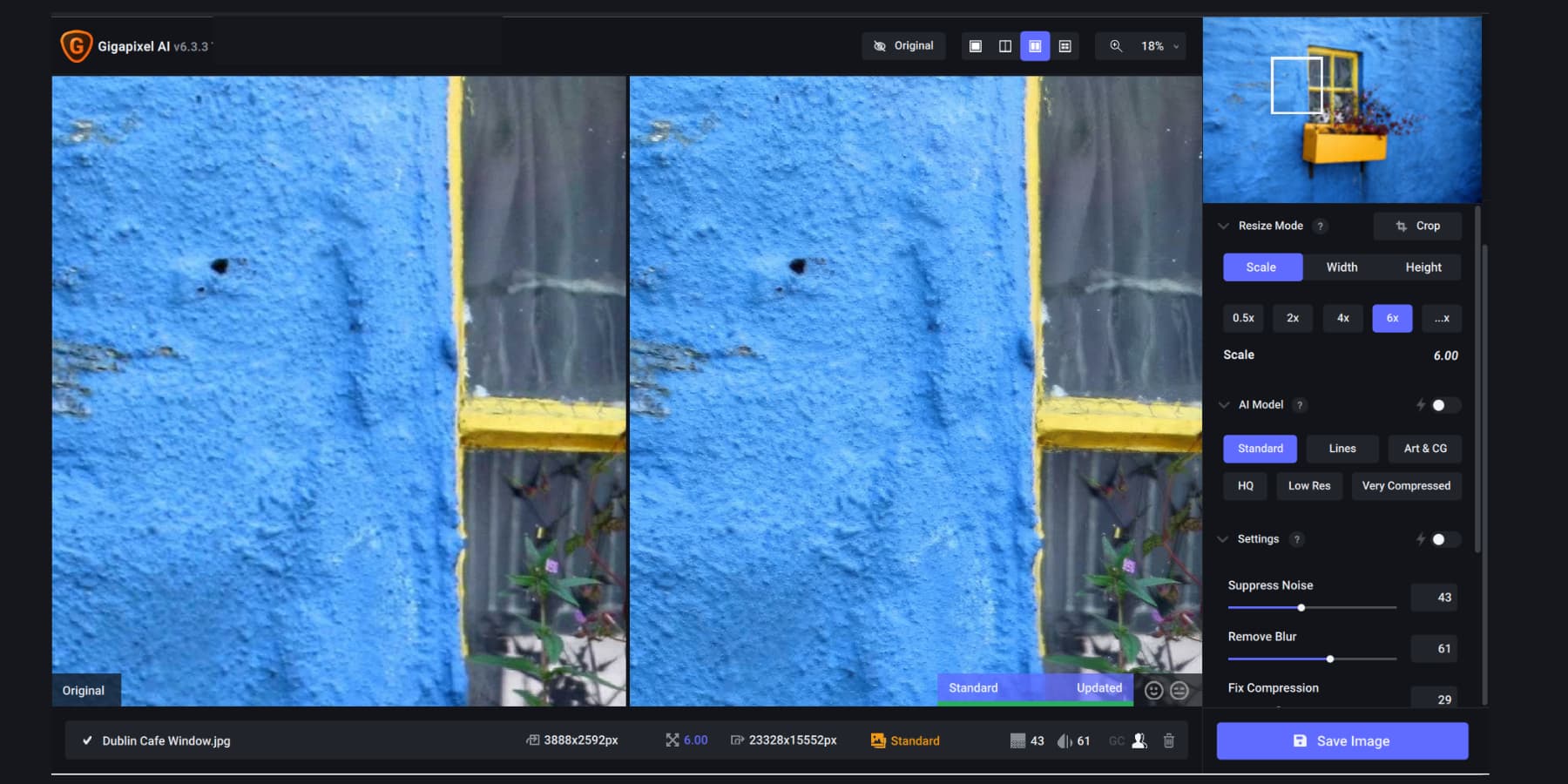 Una captura de pantalla de los intentos de eliminación de artefactos de Gigapixel AI