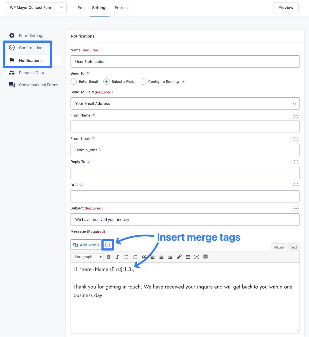 Notificaciones de formularios en Gravity Forms, incluidas etiquetas de combinación