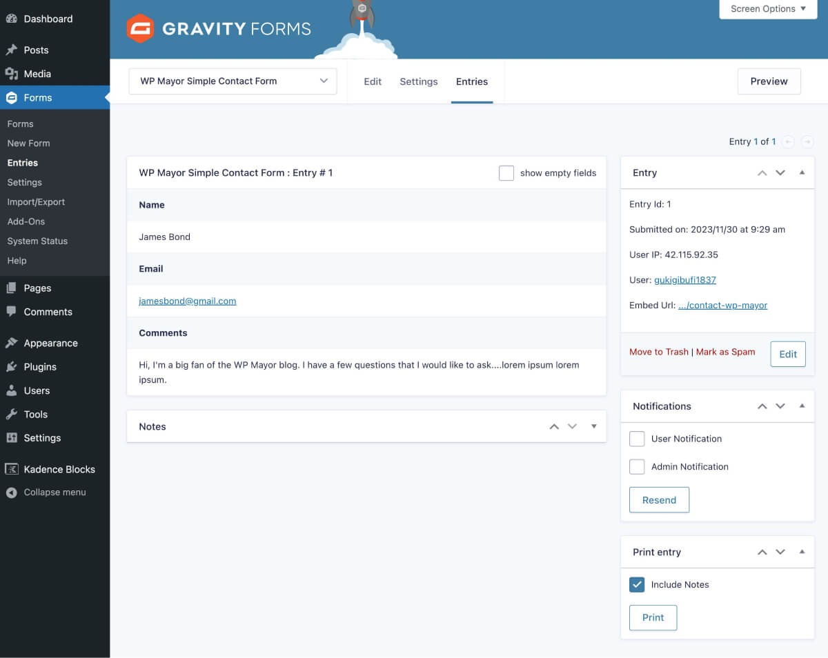 WordPress ダッシュボード内の Gravity Forms でフォームエントリを管理する