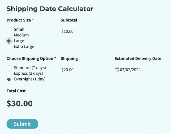 Exemple de calculateur de frais d'expédition