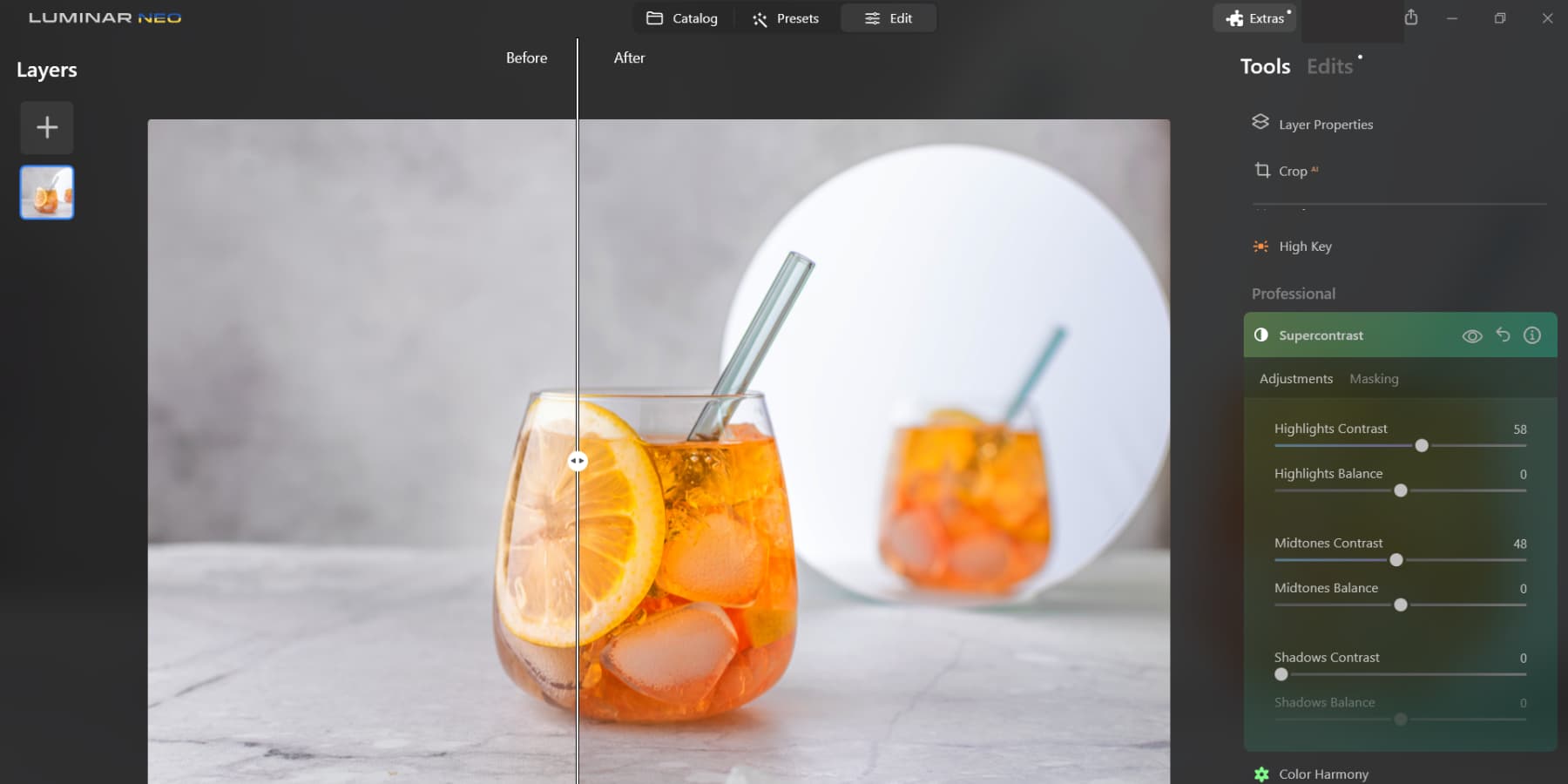Luminar Neo調整圖片對比的截圖