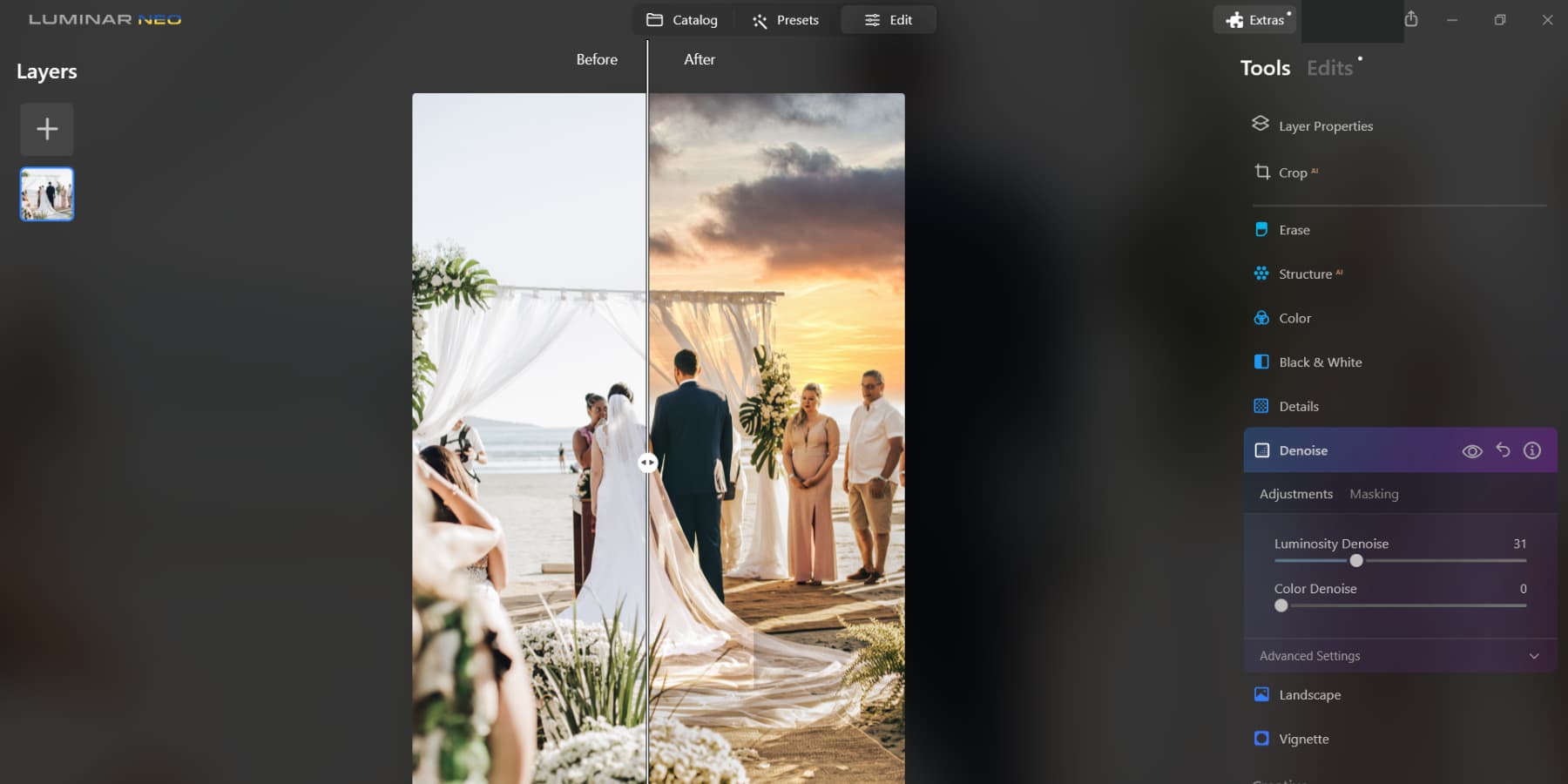 Luminar Neo が変更する結婚式の写真の詳細のスクリーンショット