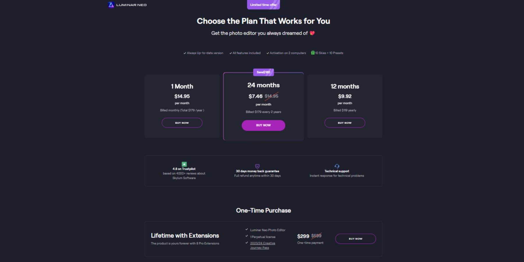 Ein Screenshot der Preise von Skylum Luminar Neo