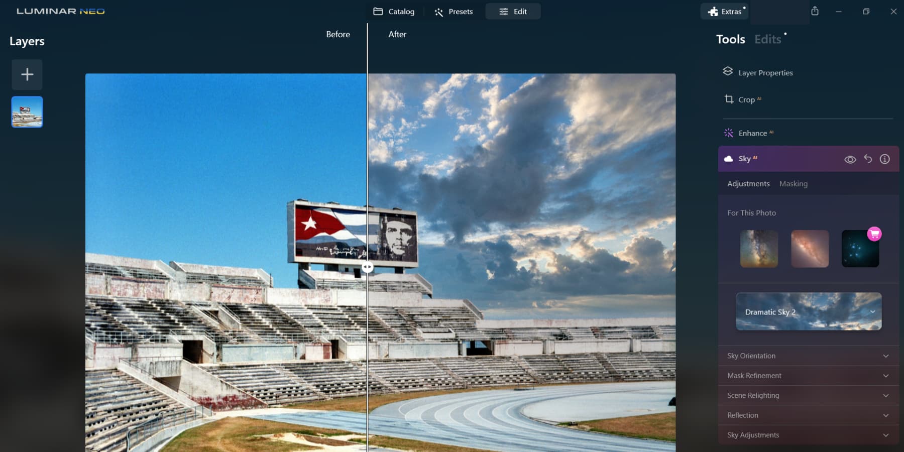 Скриншот сравнения AI Sky replace от Luminar Neo
