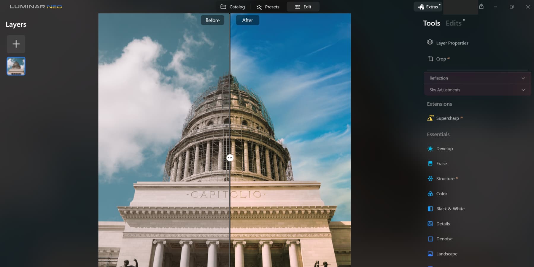 Uno screenshot di Luminar Neo che migliora l'immagine di un edificio