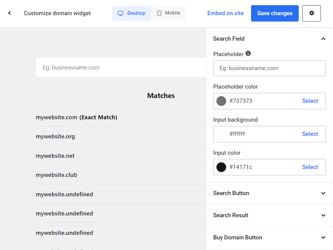 Rivenditore di domini: personalizza la schermata del widget.