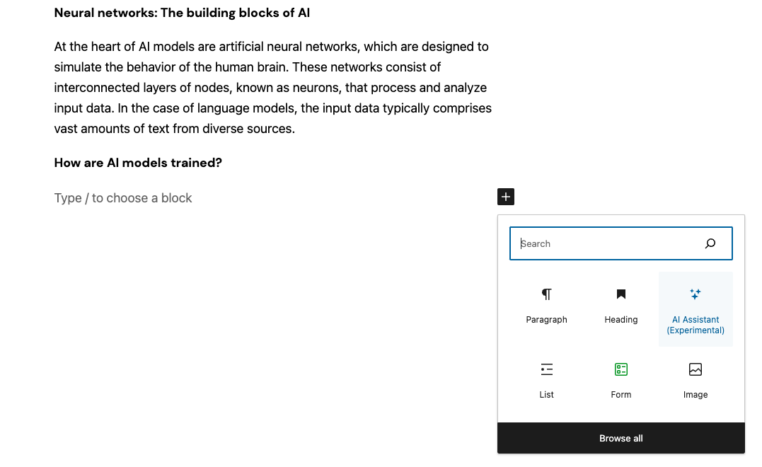 Puede generar párrafos rápidamente desde el editor de WordPress utilizando Jetpack AI Assistant siguiendo estos pasos.