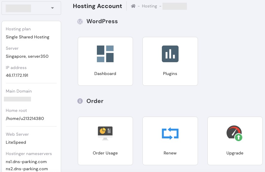 Panel de control hPanel de Hostinger