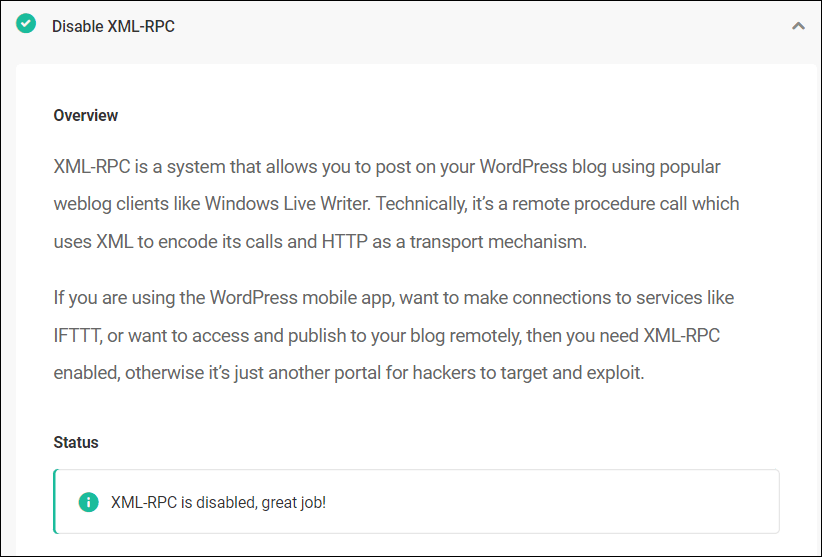 المدافع - التوصيات - تعطيل XML-RPC