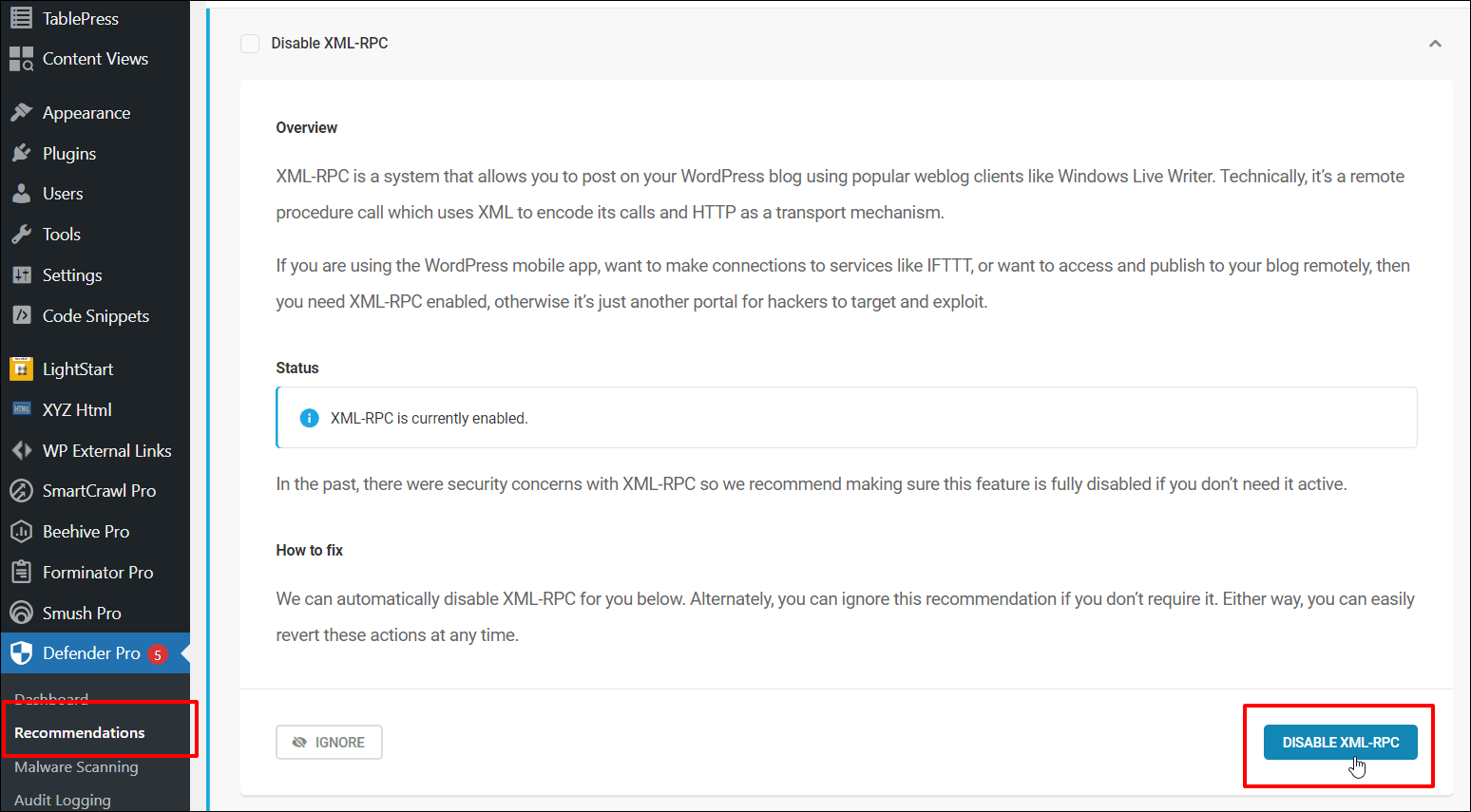 Defender - 권장 사항 - XML-RPC 비활성화