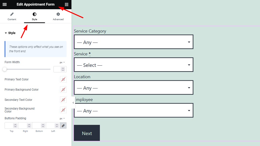 stili del modulo di appuntamento di elementor.