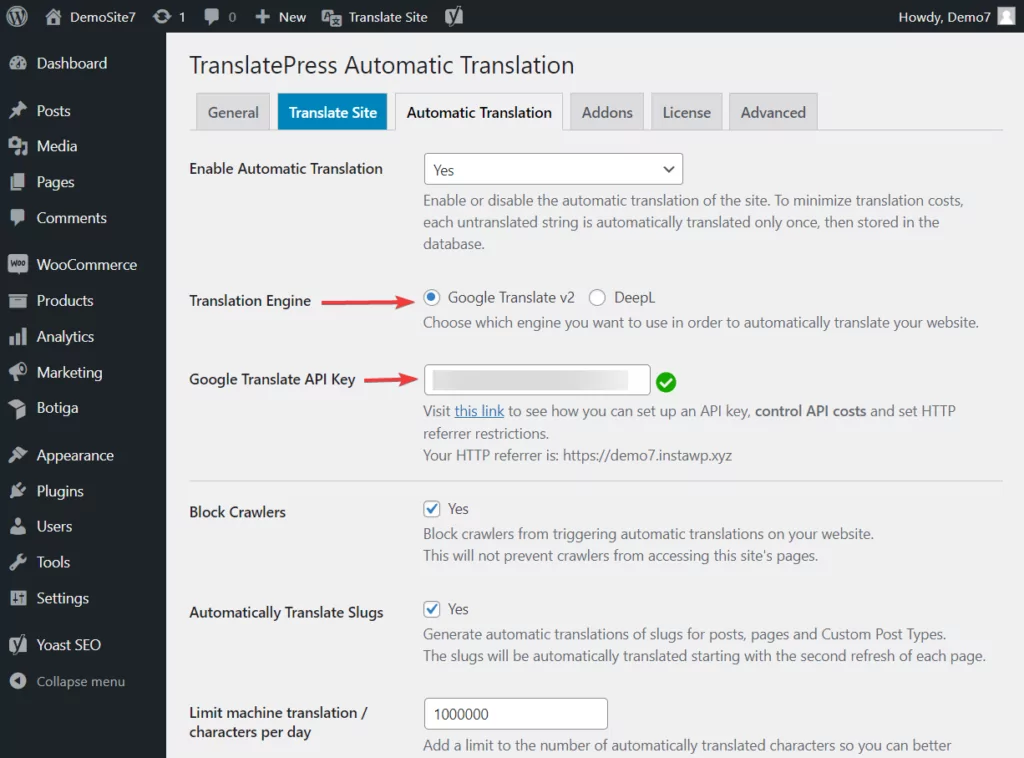 Translatepress-Übersetzungs-Engine und API-Schlüssel