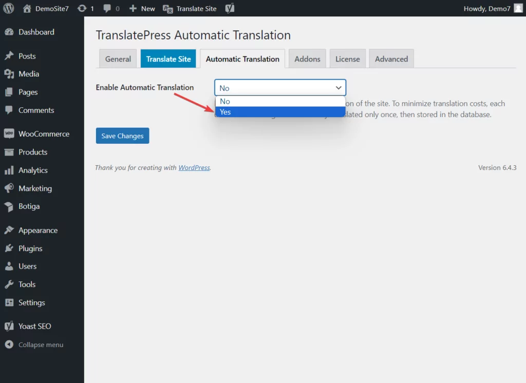 abilitare la traduzione automatica Translatepress