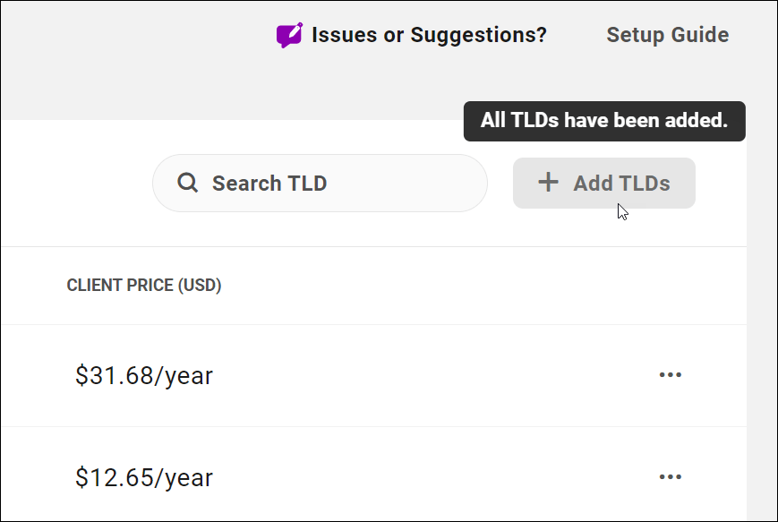 带有工具提示的“添加 TLD”按钮呈灰色。