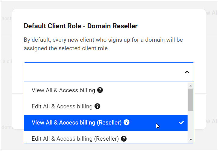 Setări Domain Reseller - Opțiuni implicite pentru rol client.