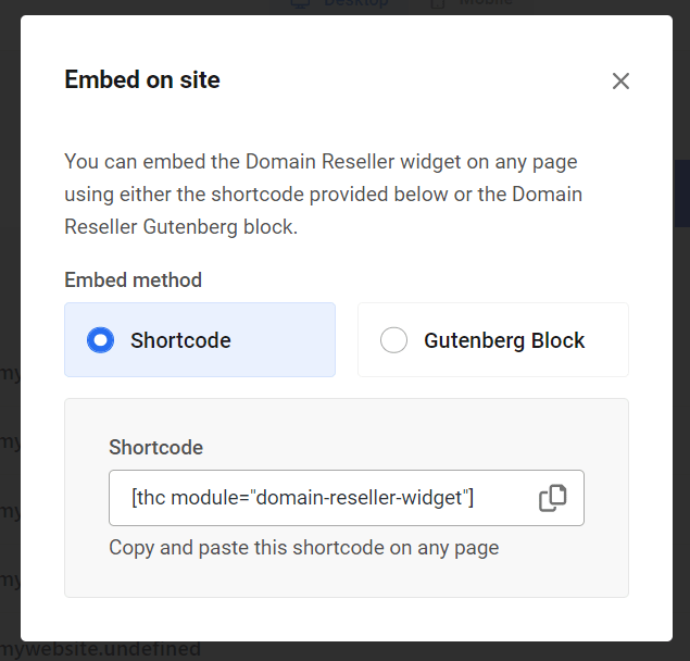 Încorporați modal widget de domeniu