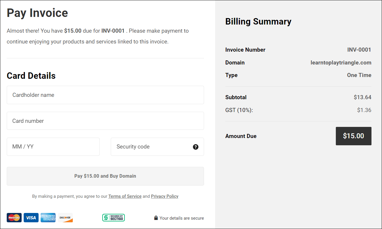 Checkout del registrante del dominio