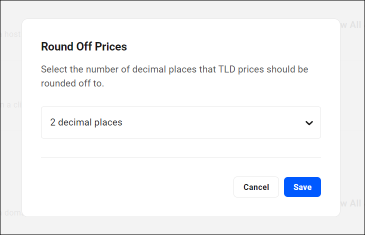 Configuración del revendedor de dominios: precios redondeados.