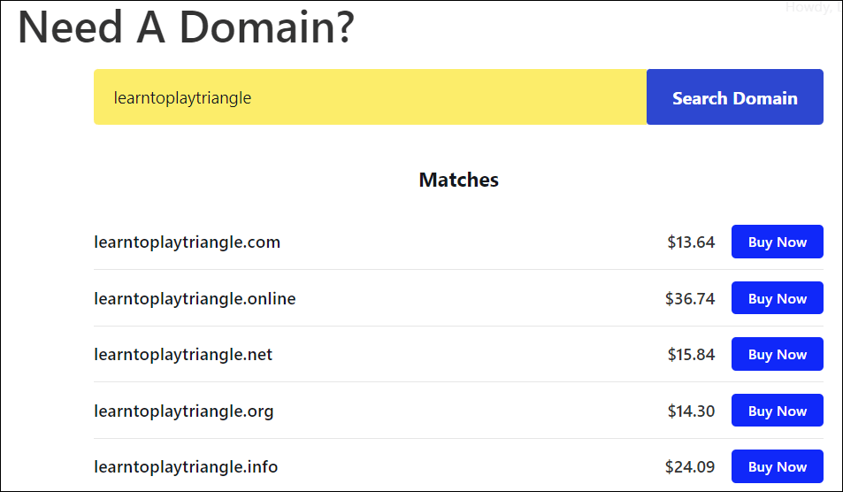 Uma tela mostrando um exemplo de oferta de domínios em seu site