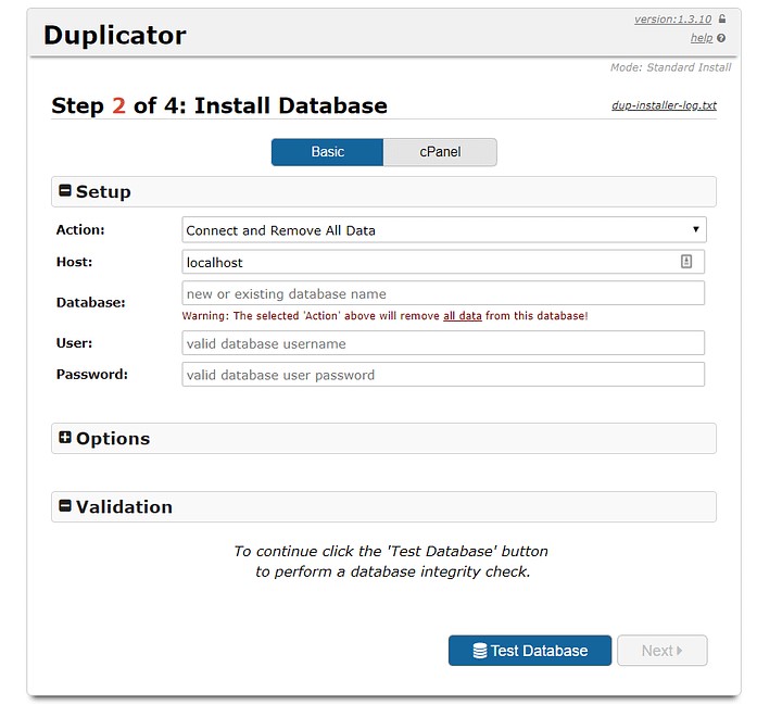 Inserisci i dettagli del database