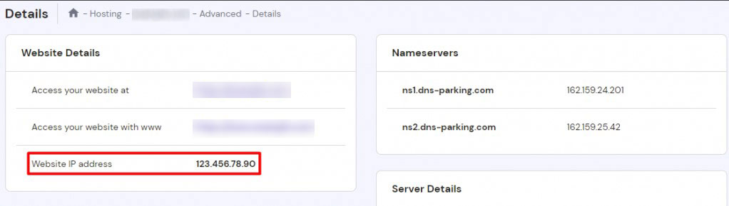 Hostinger hPanel의 웹사이트 IP 주소