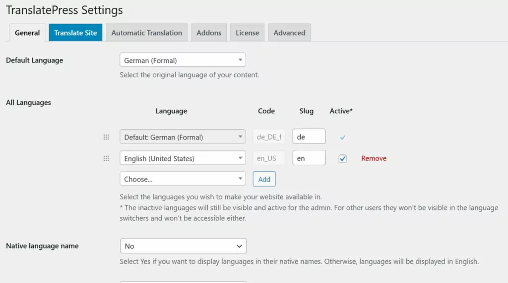 idioma de destino activo en la configuración