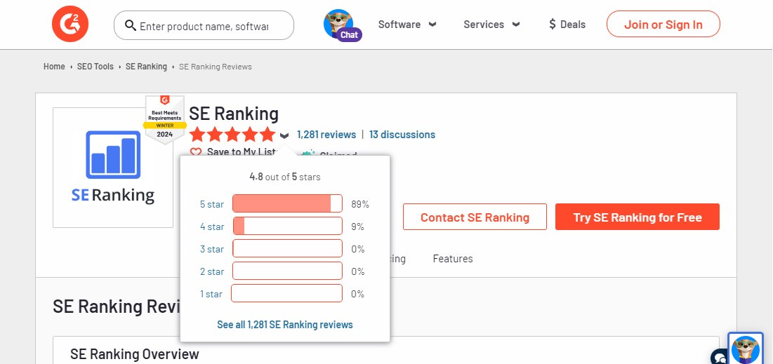 SE ランキング G2 での評価