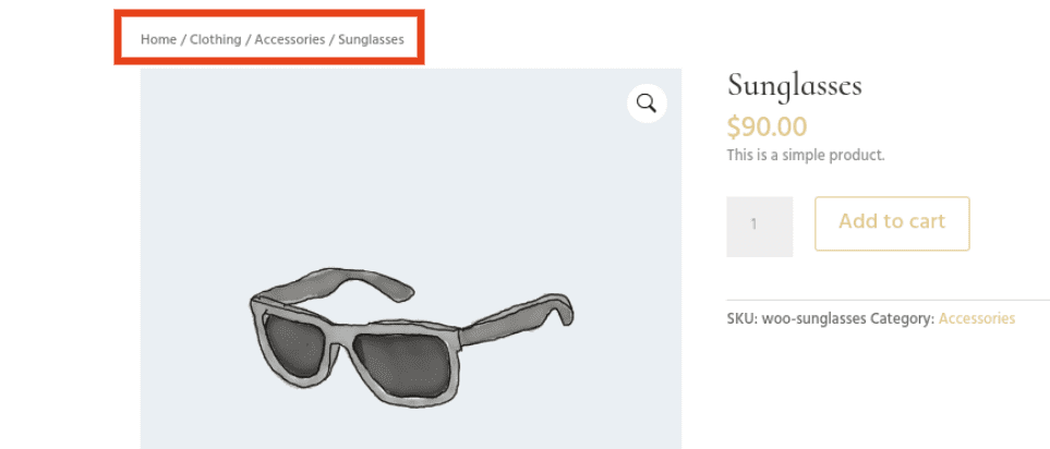 Questo è uno screenshot del breadcrumb della pagina del prodotto WooCommrce