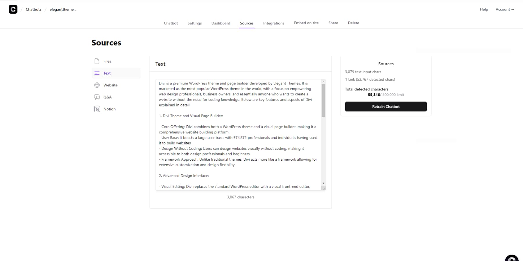 將資料新增至 Chatbase 的螢幕截圖